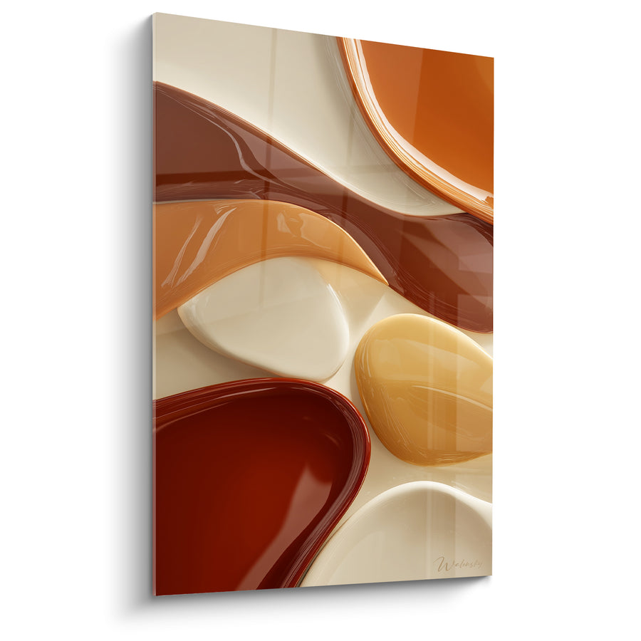 Tableau Galets vernis brun et crème aux courbes glacées - Reflets laqués fluides - Edition Terracotta