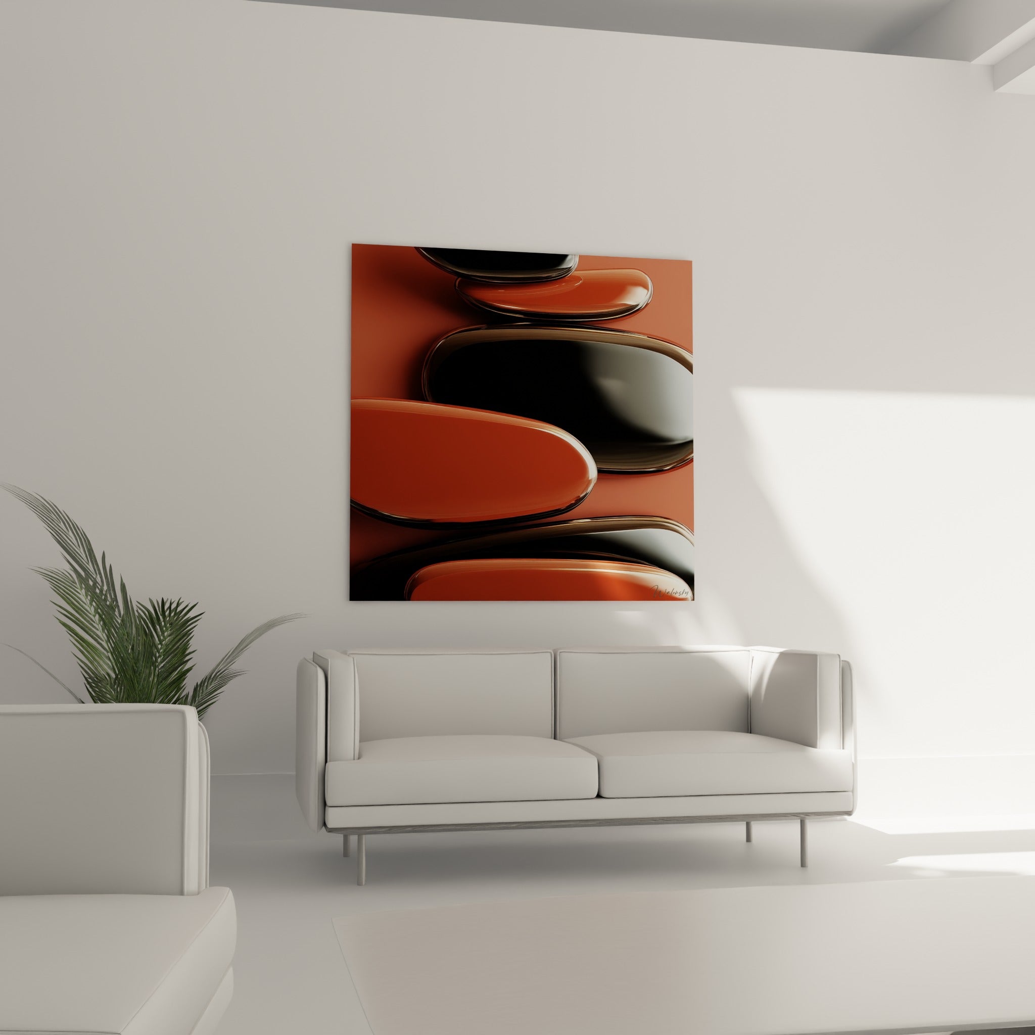 Formes ovoïdes terracotta et noir profond disposées au-dessus d'un canapé dans un salon lumineux