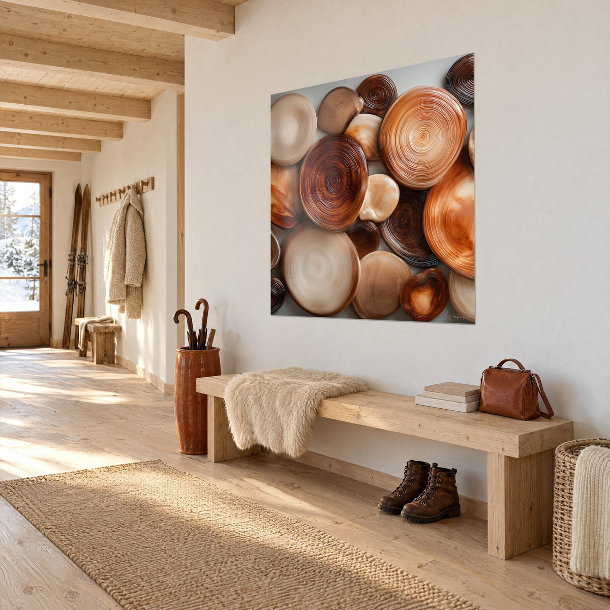 Quadro con cerchi concentrici di pietra levigata, arancio ramato e beige crema, ingresso di chalet in legno chiaro visto di tre quarti