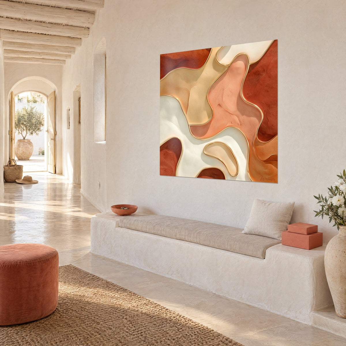 Wall art of abstract molten dunes, salmon pink, ochre and brick red blocks edged in gold, on a whitewashed wall