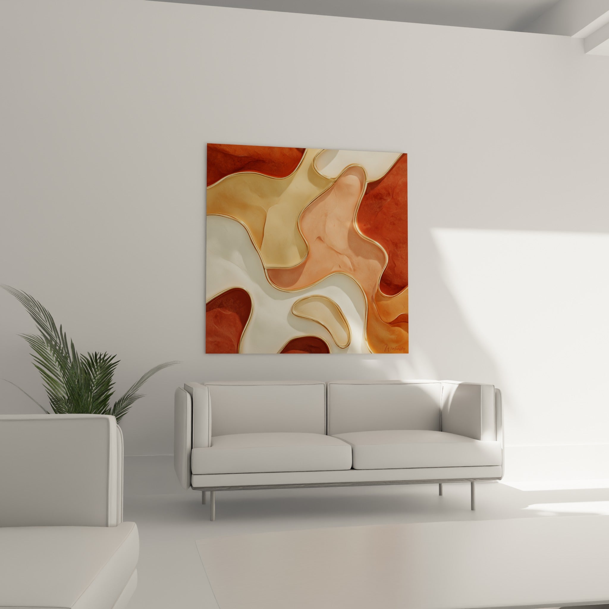 Formes ocre et blanc cassé bordées d'or de ce tableau terracotta au-dessus d'un canapé dans un salon lumineux