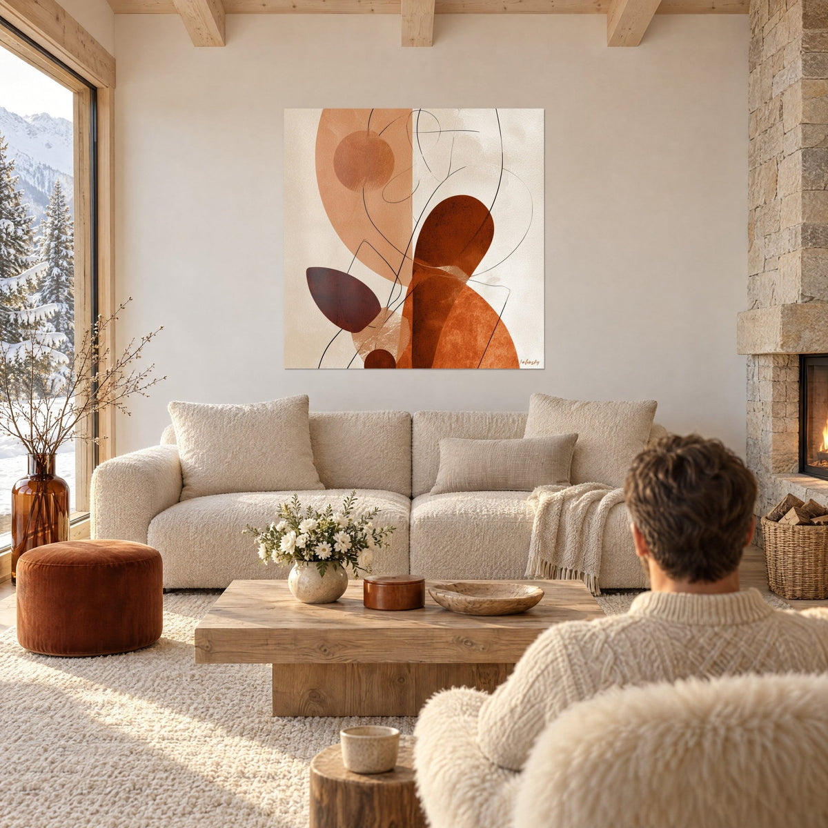 Wall art abstract silhouette with rust and sand curves, terracotta circle, fine black lines, above a sofa in a bright living room