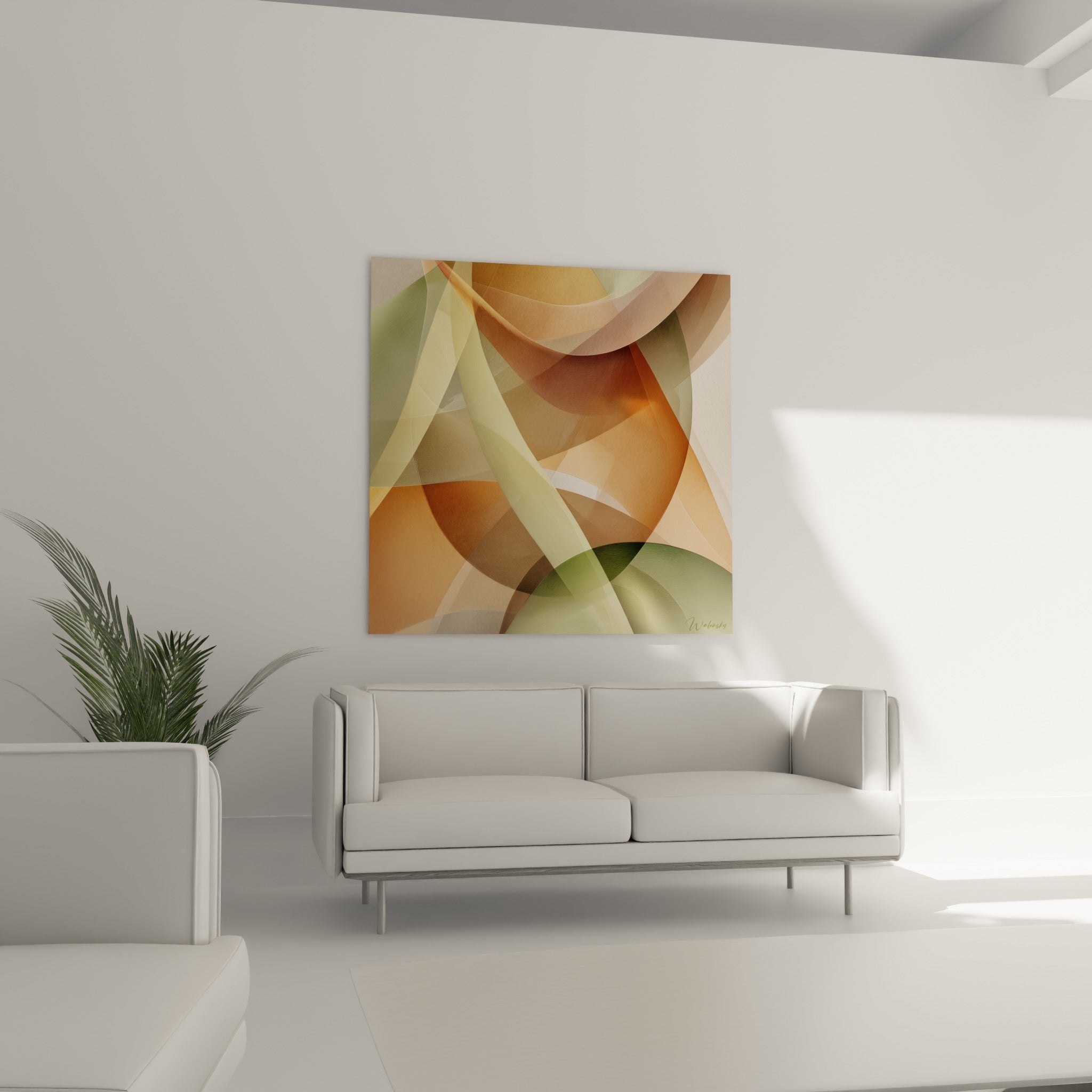 Courbes fluides terracotta et vert sauge se croisant, disposées au-dessus d'un canapé dans un salon lumineux