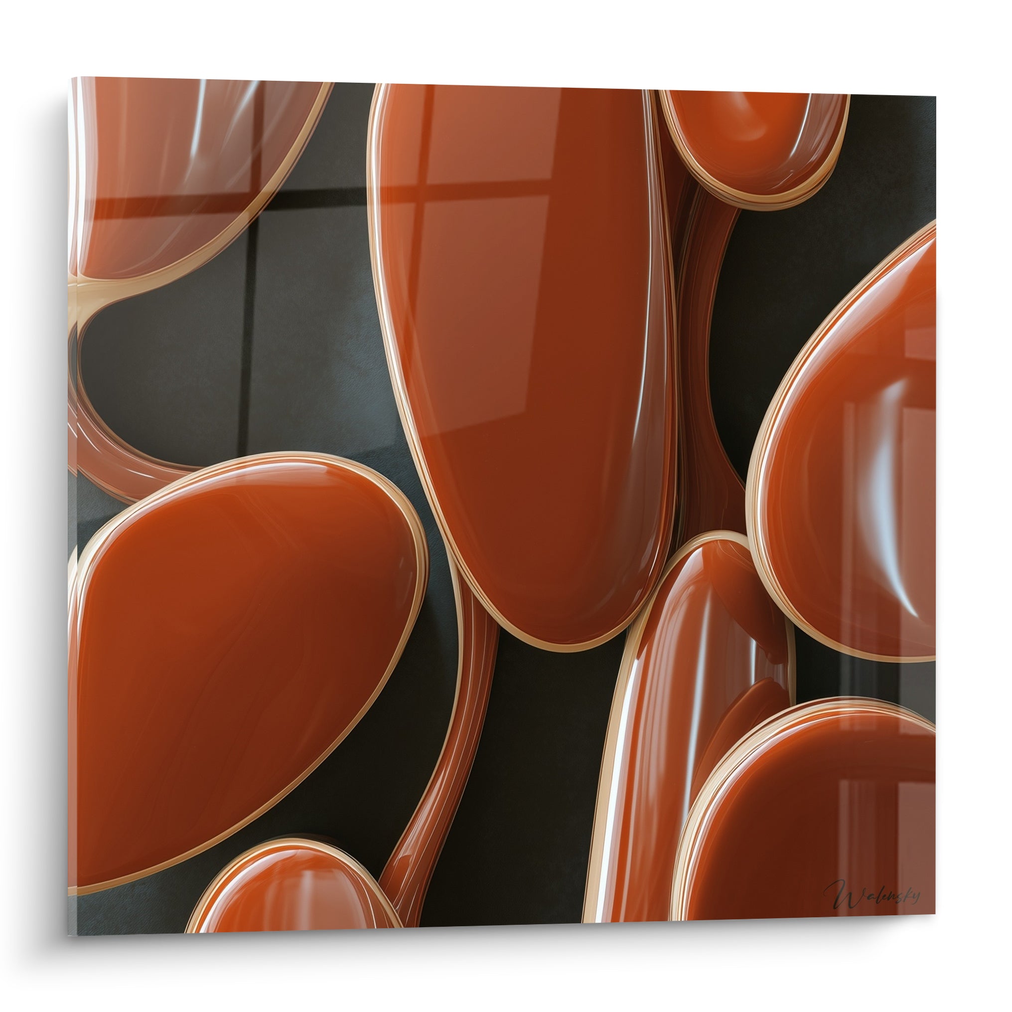 Formes organiques terracotta et dorées ondulent sur un fond anthracite en plein cadre