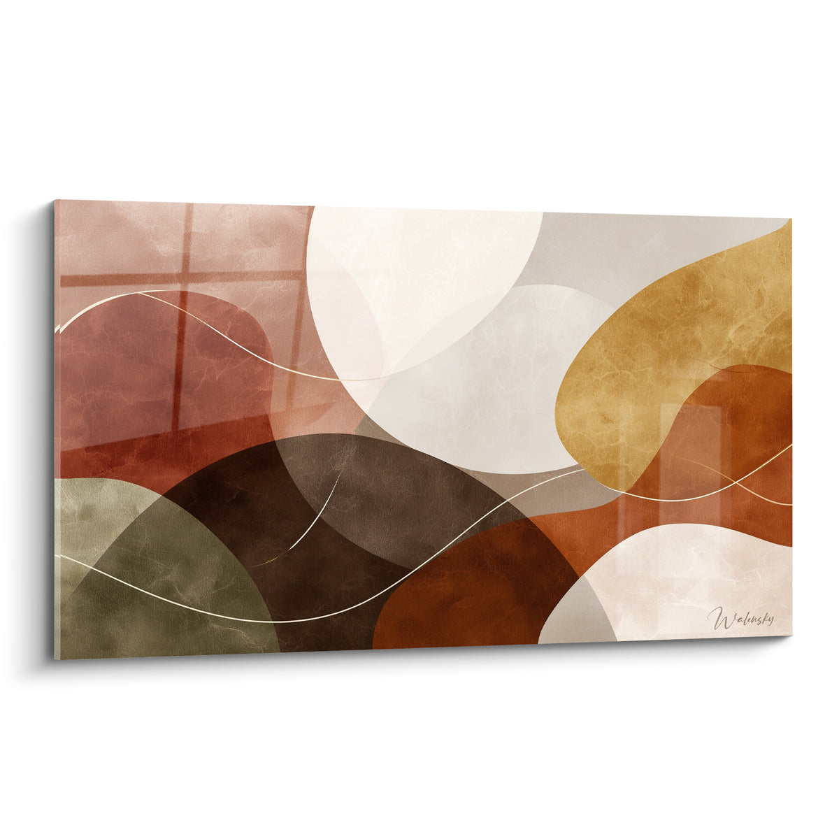 Formes organiques brique, ocre doré et anthracite composant un paysage abstrait sur toile texturée