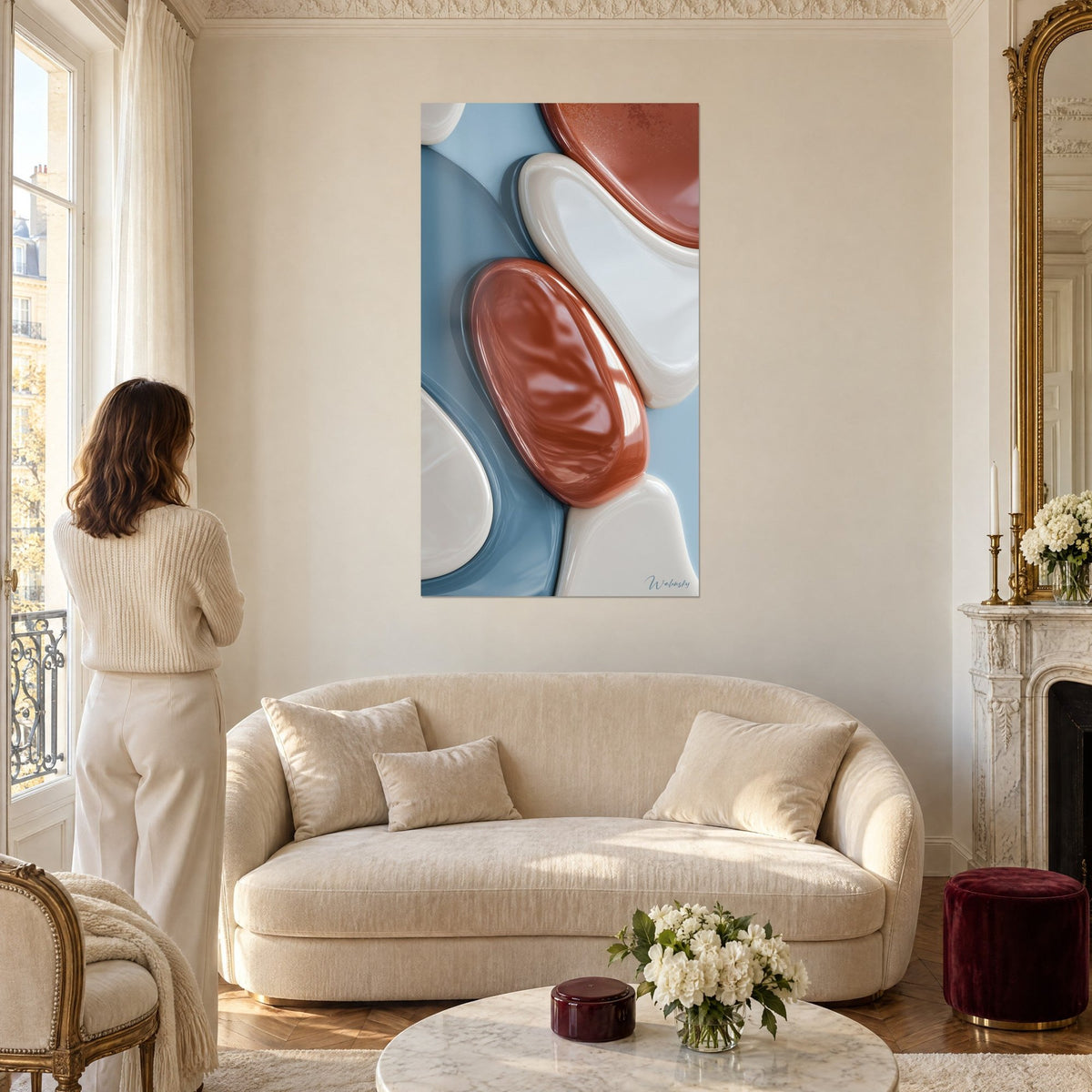 Wall art with glossy pebbles in brick red and pearl white on a slate blue background, glazed highlights, above a sofa in a bright living room