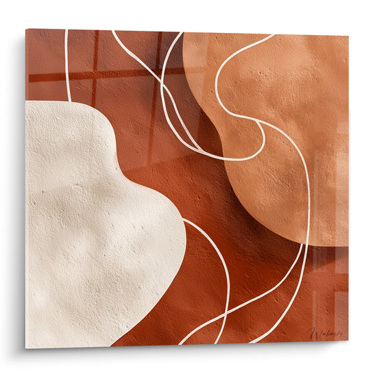 Formes organiques ivoire et brique traversées de lignes blanches sinueuses sur fond terracotta texturé