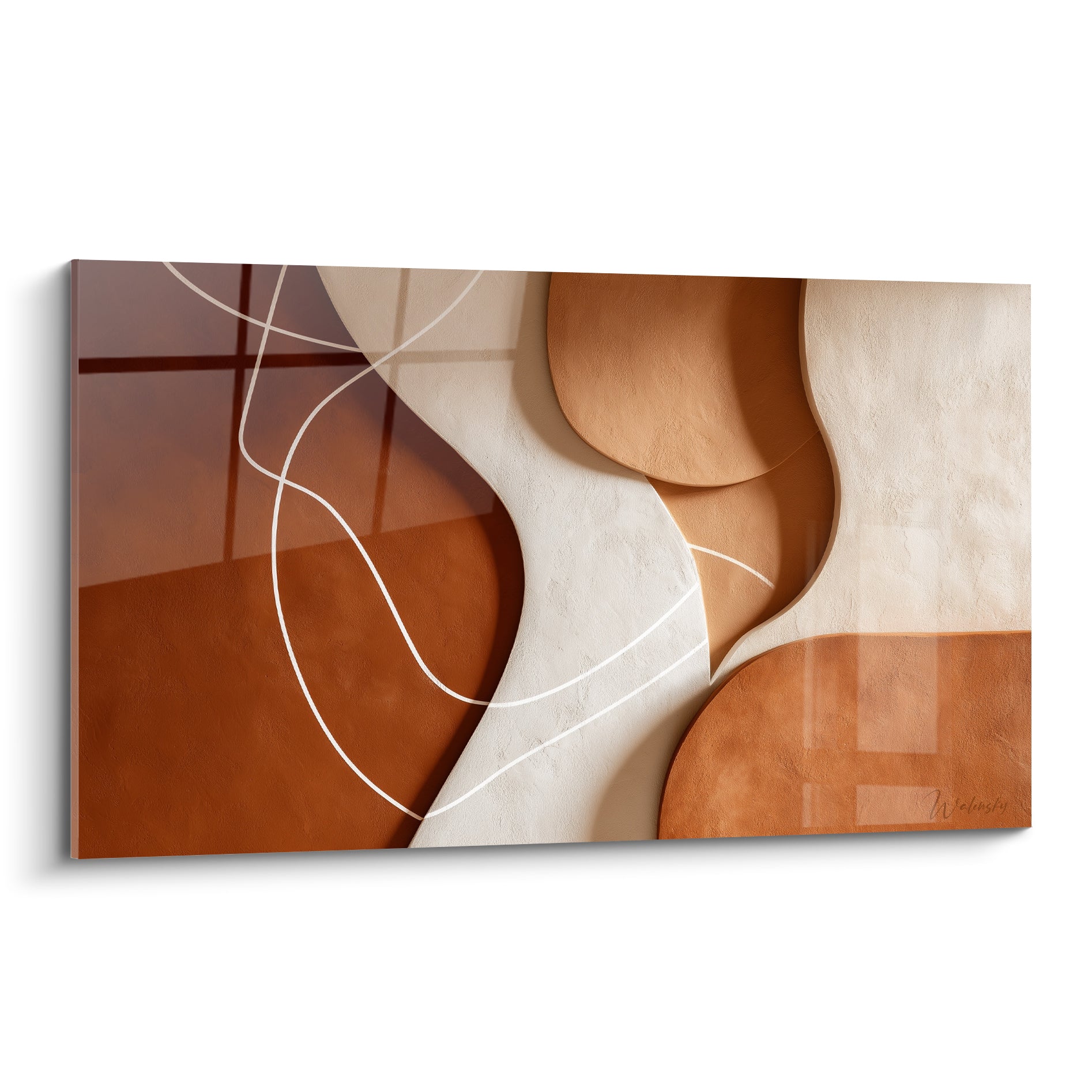 Formes courbes terracotta et blanc cassé sculptées, lignes fines ondulantes traversant la toile abstraite