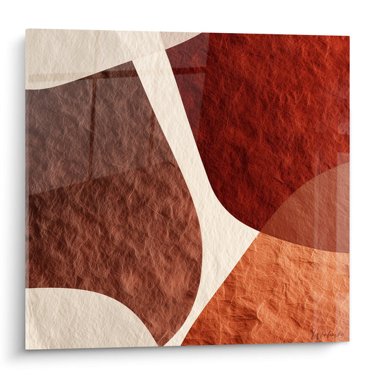 Formes organiques terracotta rouge brique et crème sur toile texturée façon papier froissé