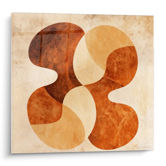 Formes organiques rouille et beige entrelacées sur fond parcheminé, tableau Terracotta abstrait et texturé