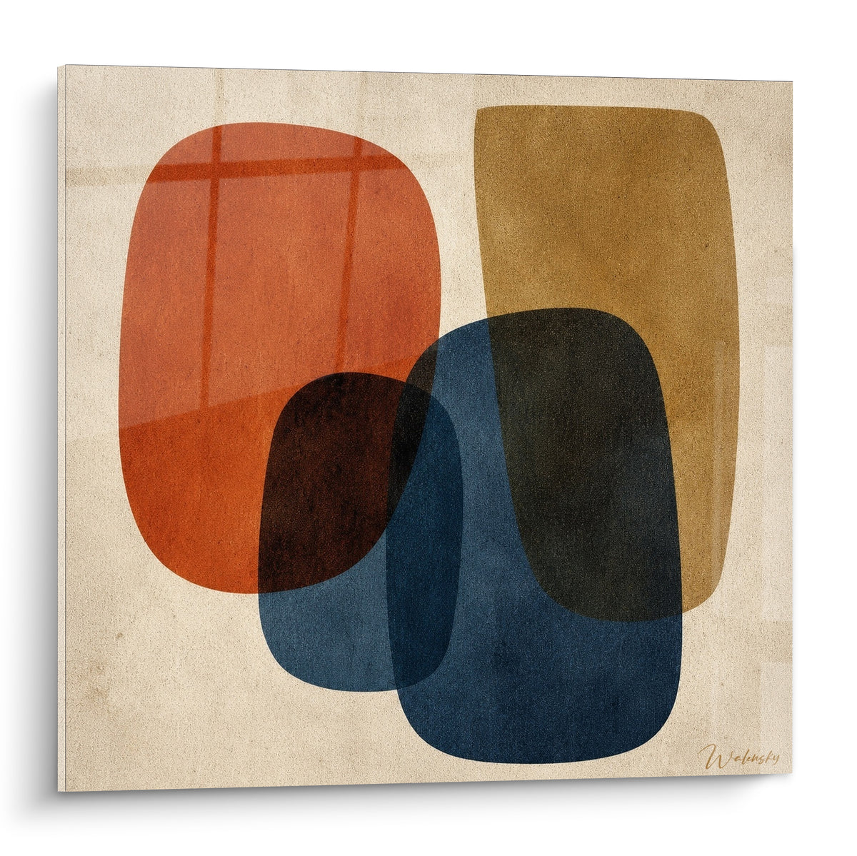 Formes ovales terracotta, ocre et bleu marine superposées sur fond beige texturé, style abstrait graphique