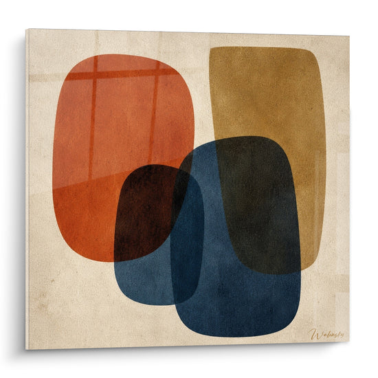 Formes ovales terracotta, ocre et bleu marine superposées sur fond beige texturé, style abstrait graphique