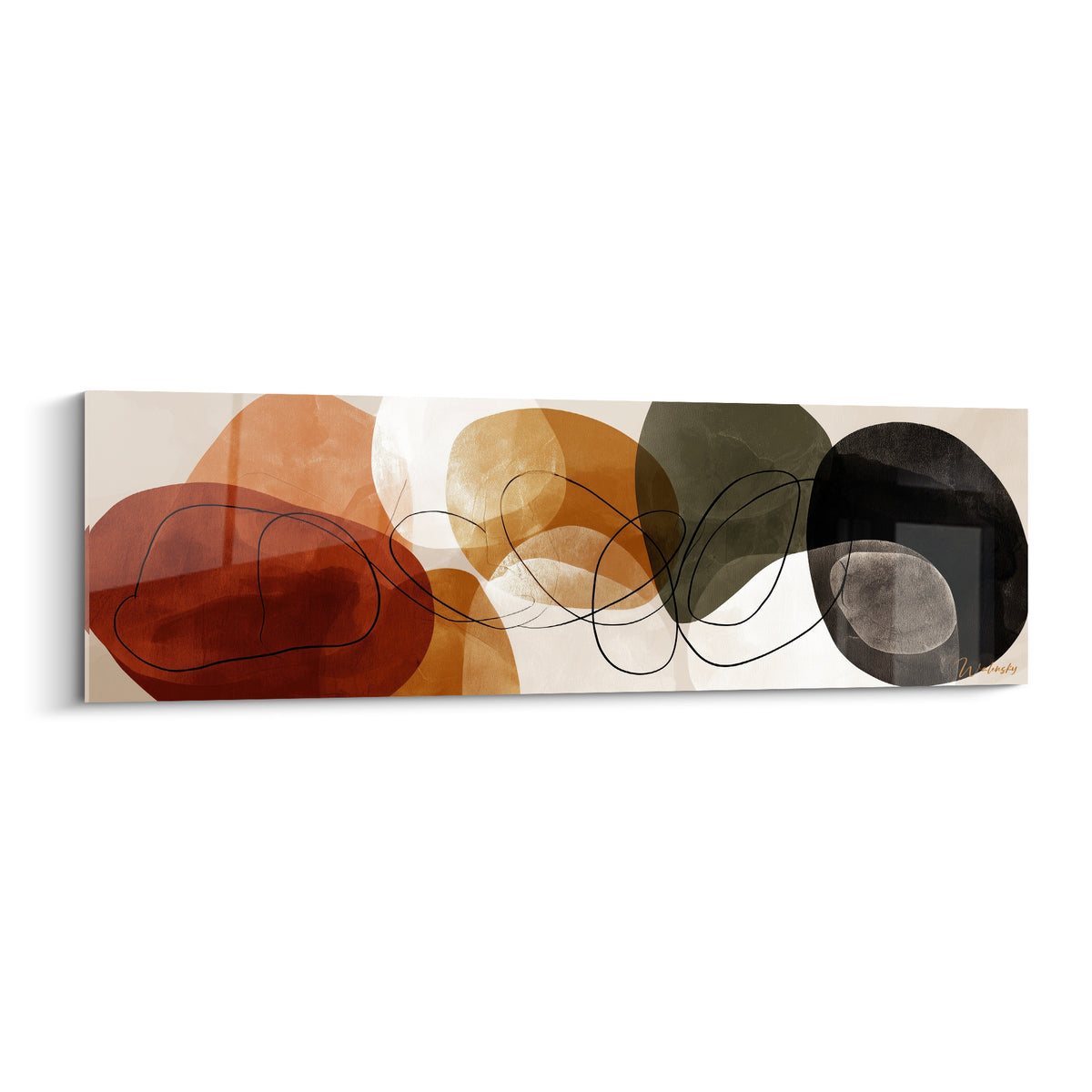 Formes ovales terracotta, ocre et anthracite superposées, reliées par un trait noir sinueux sur fond crème