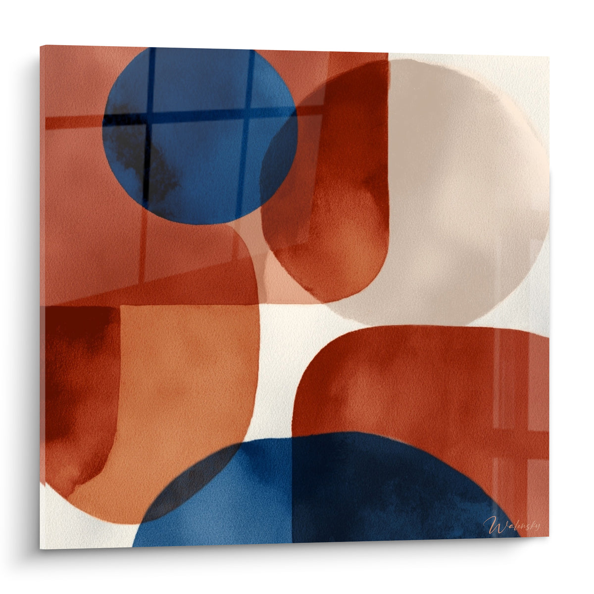 Formes rondes terracotta et bleu marine superposées en aplats aquarellés sur fond blanc