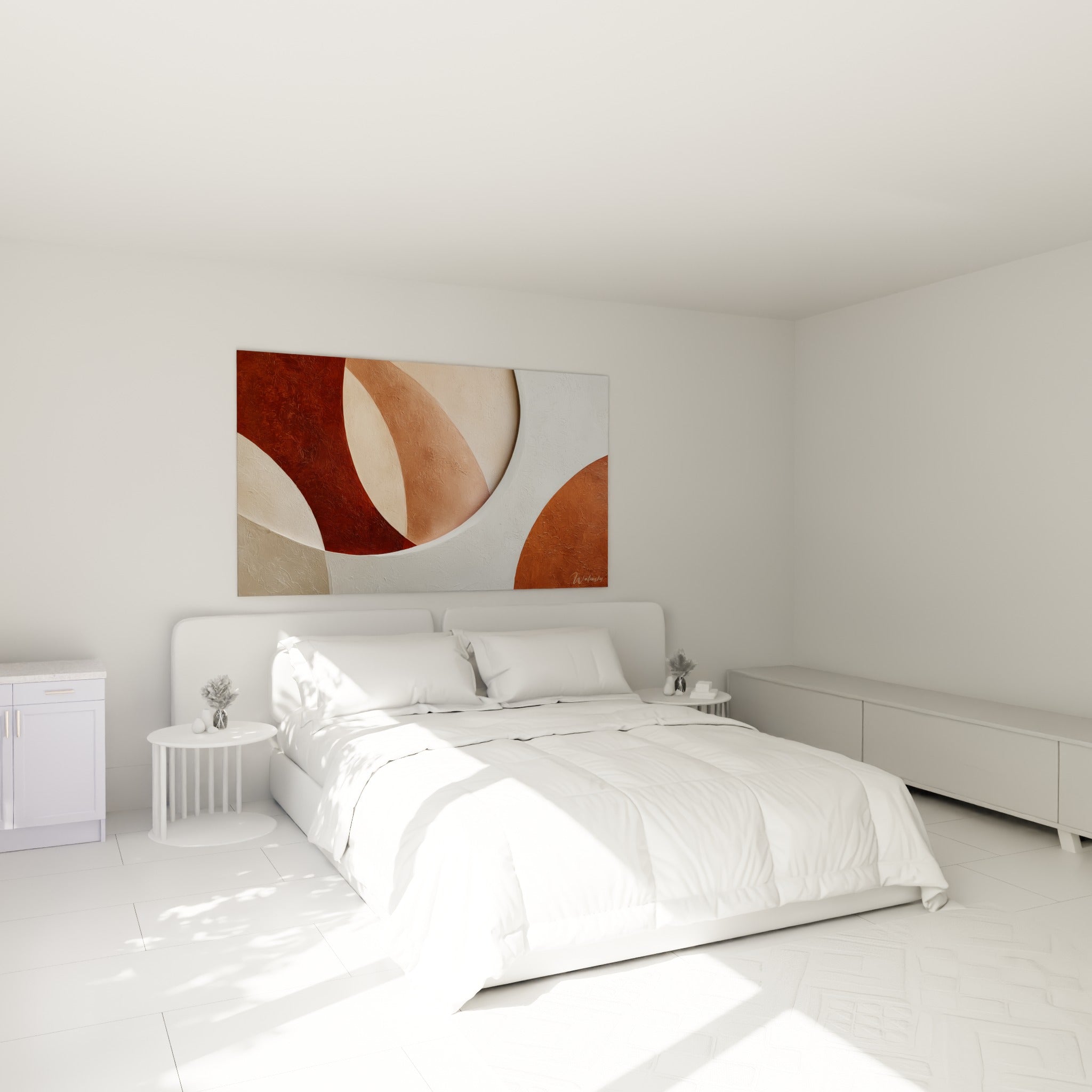 Formes circulaires brun et blanc du tableau Terracotta accrochées au-dessus d'un lit dans une chambre claire