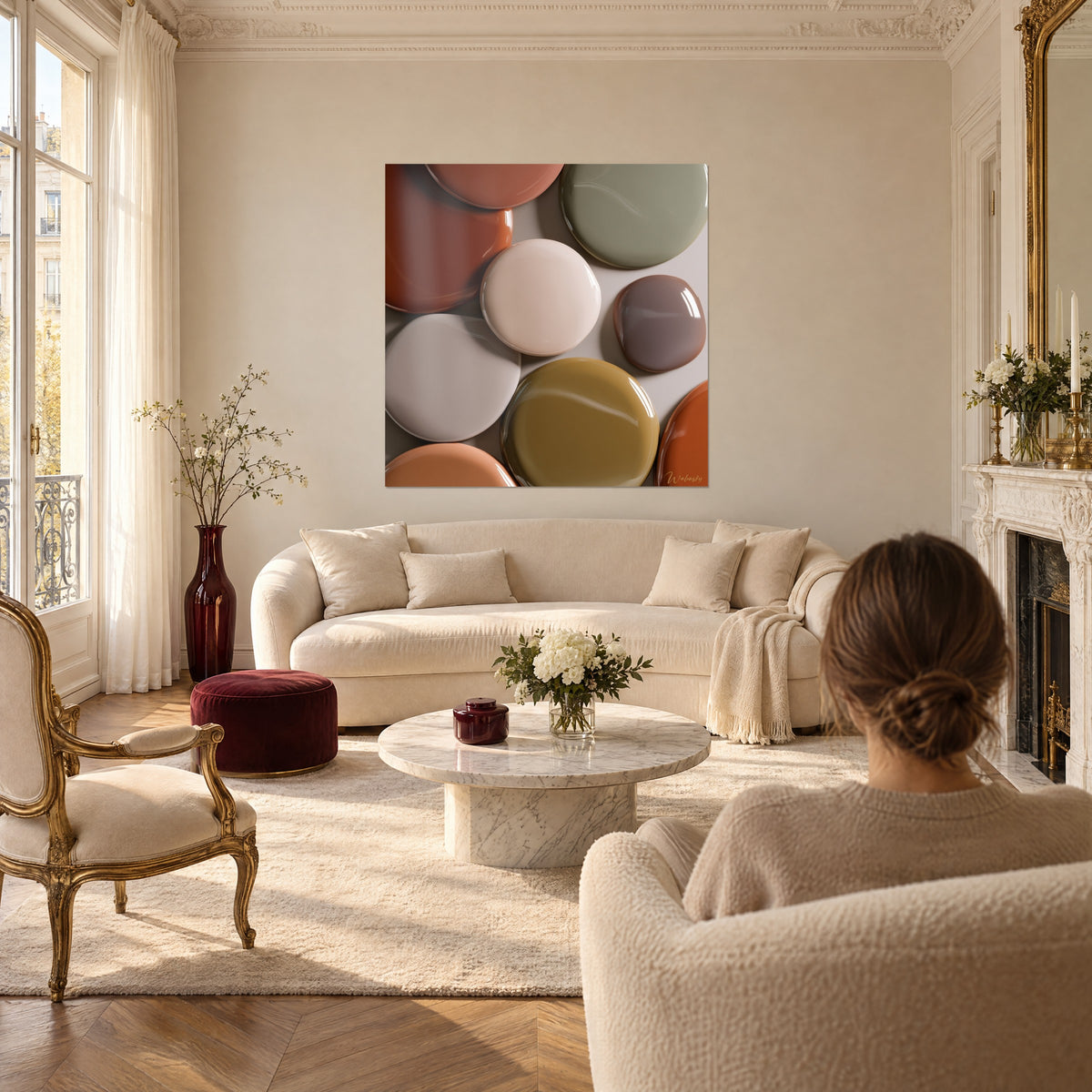 Schilderij met glanzend gelakte kiezelstenen in terracotta, salie en poederroze, met lichtreflecties, boven een bank in een lichte woonkamer gehangen