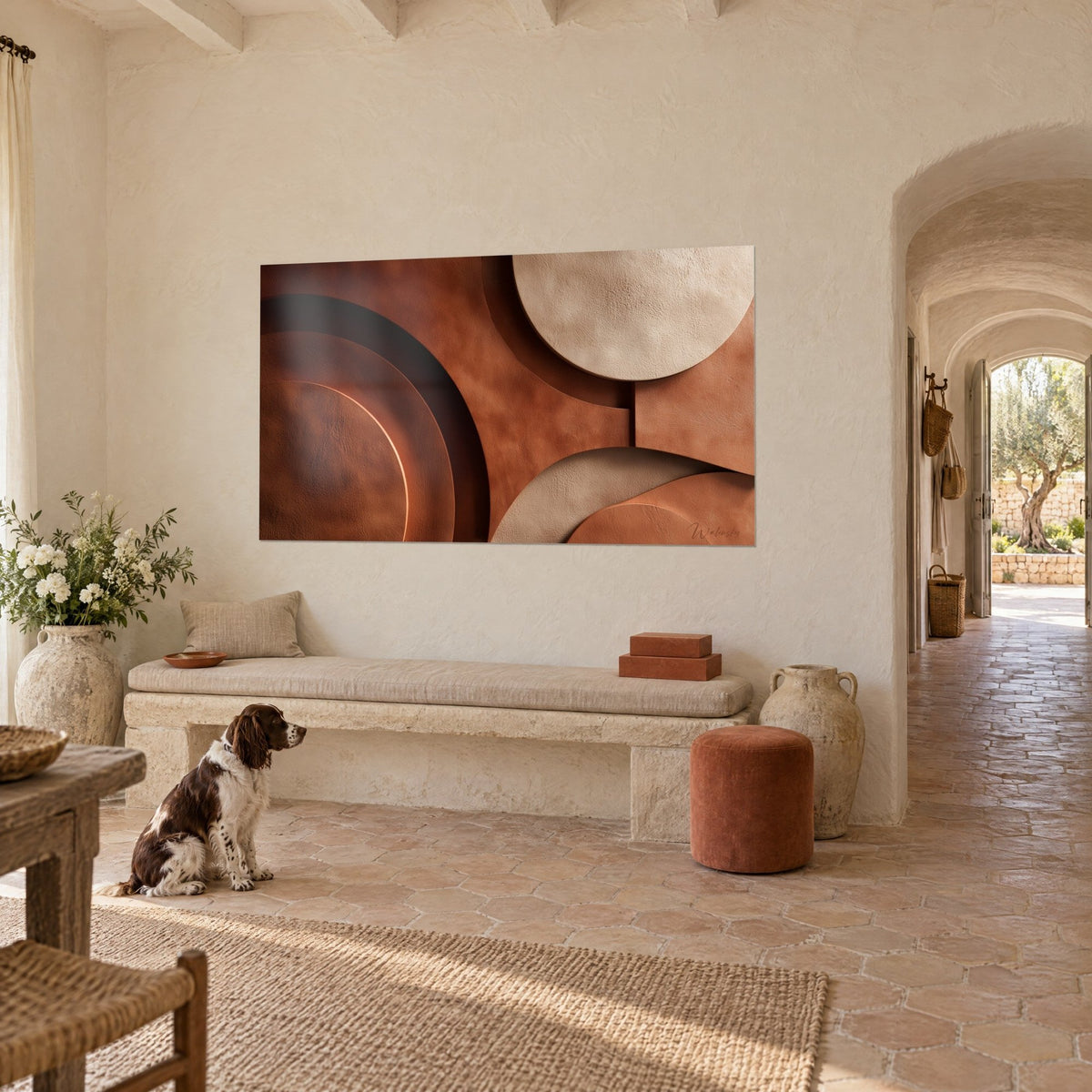 Wall art with raised clay circles in deep rust and cream beige, facing a seated spaniel in a Provençal farmhouse