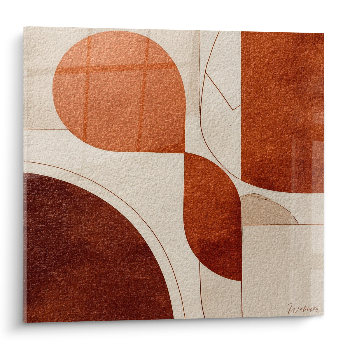 Composition abstraite terracotta et beige sable, formes rondes quadrillées et croissant brun rouille
