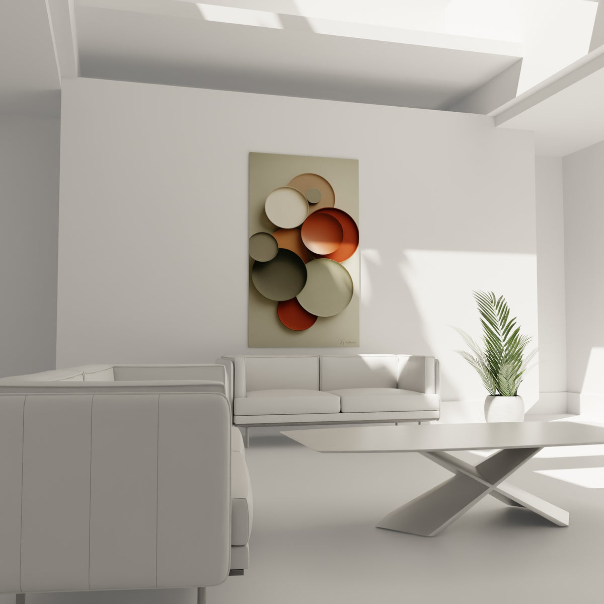 Formes rondes terracotta et sauge superposées, œuvre placée au-dessus d'un canapé dans un salon lumineux