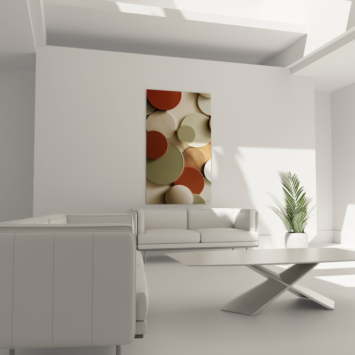 Formes rondes terracotta et beige aux finis contrastés, positionnées au-dessus d'un canapé dans un salon lumineux
