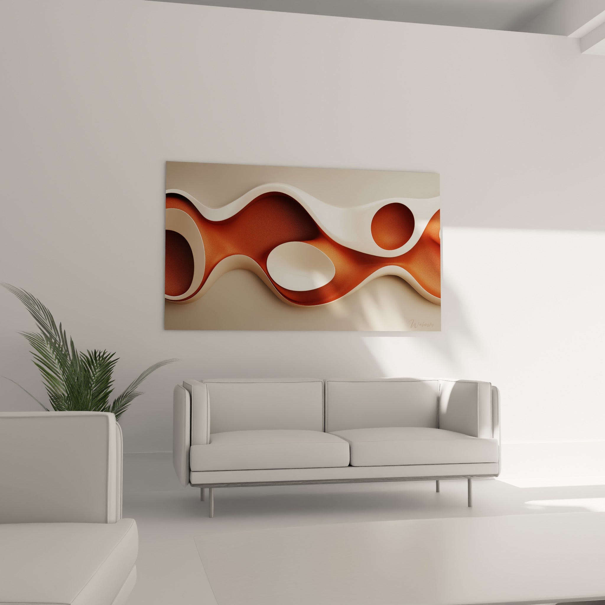 Courbes sculpturales terracotta et ivoire disposées au-dessus d'un canapé dans un salon lumineux