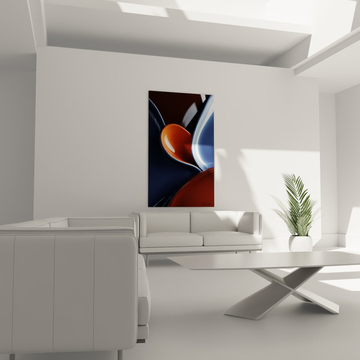Courbes sculpturales orange cuivré et bleu nuit aux textures lisses, au-dessus d'un canapé dans un salon lumineux
