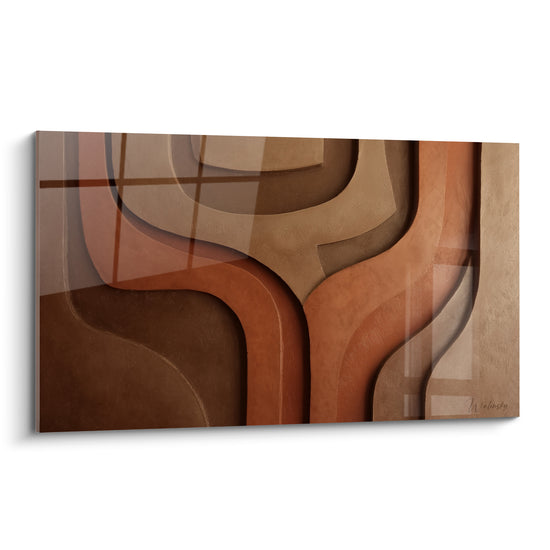 Formes sinueuses terracotta en relief brun, ocre et beige sculptées sur toile abstraite