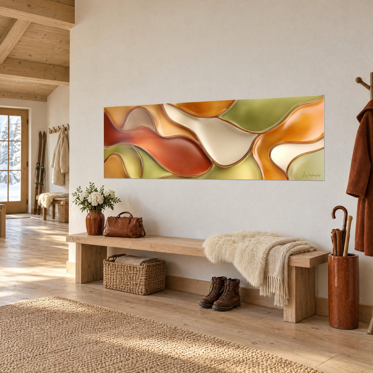 Gemälde mit abstraktem Glasmalerei-Charakter in gebranntem Orange, Elfenbein und Olivgrün, glänzende kupferne Linien, an einer Chalet-Wand