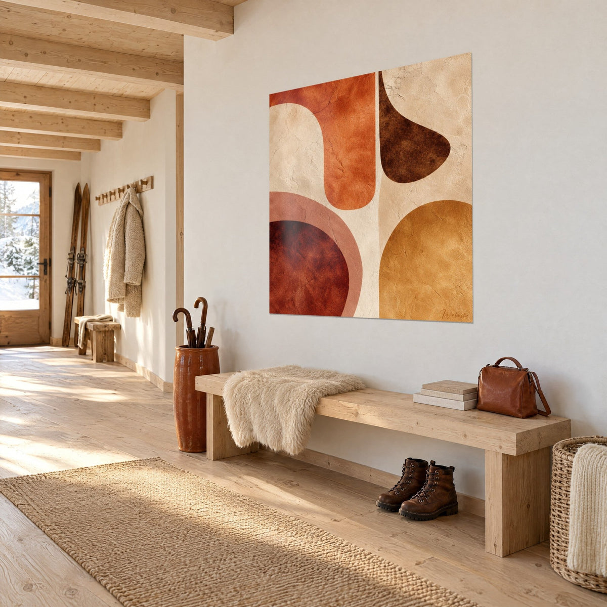 Tableau mosaïque géométrique brun chocolat et orange brûlé, craquelures de papier ancien, mur blanc d'un couloir de chalet