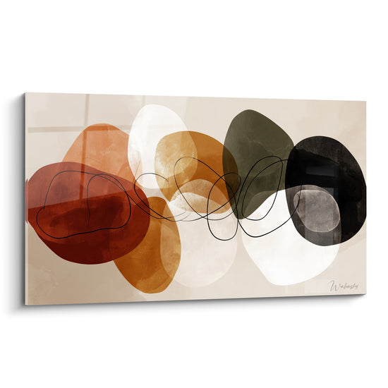 Formes ovales terracotta, ocre et anthracite reliées par un trait fin sur fond beige clair