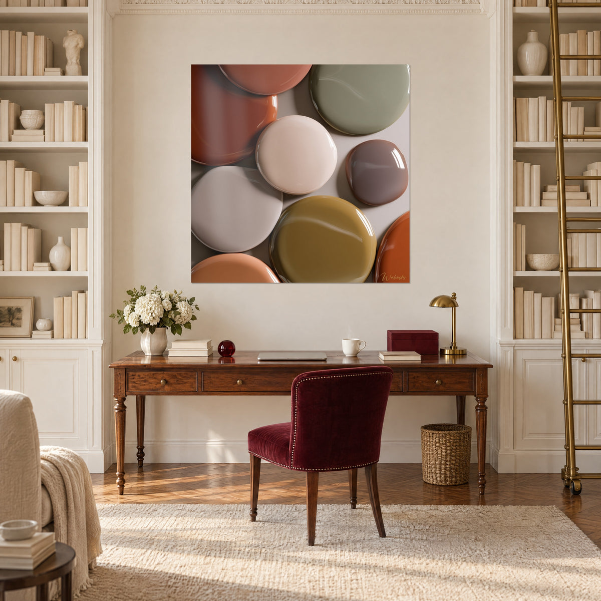 Schilderij met een palet van glanzende rondingen in mauve, lichtroze en terracotta, boven een houten bureau tussen twee boekenkasten