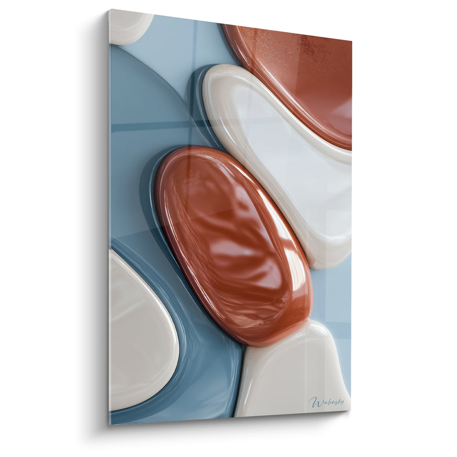Tableau Galets lustrés brique et bleu ardoise imbriqués - Reflets glacés - Edition Terracotta