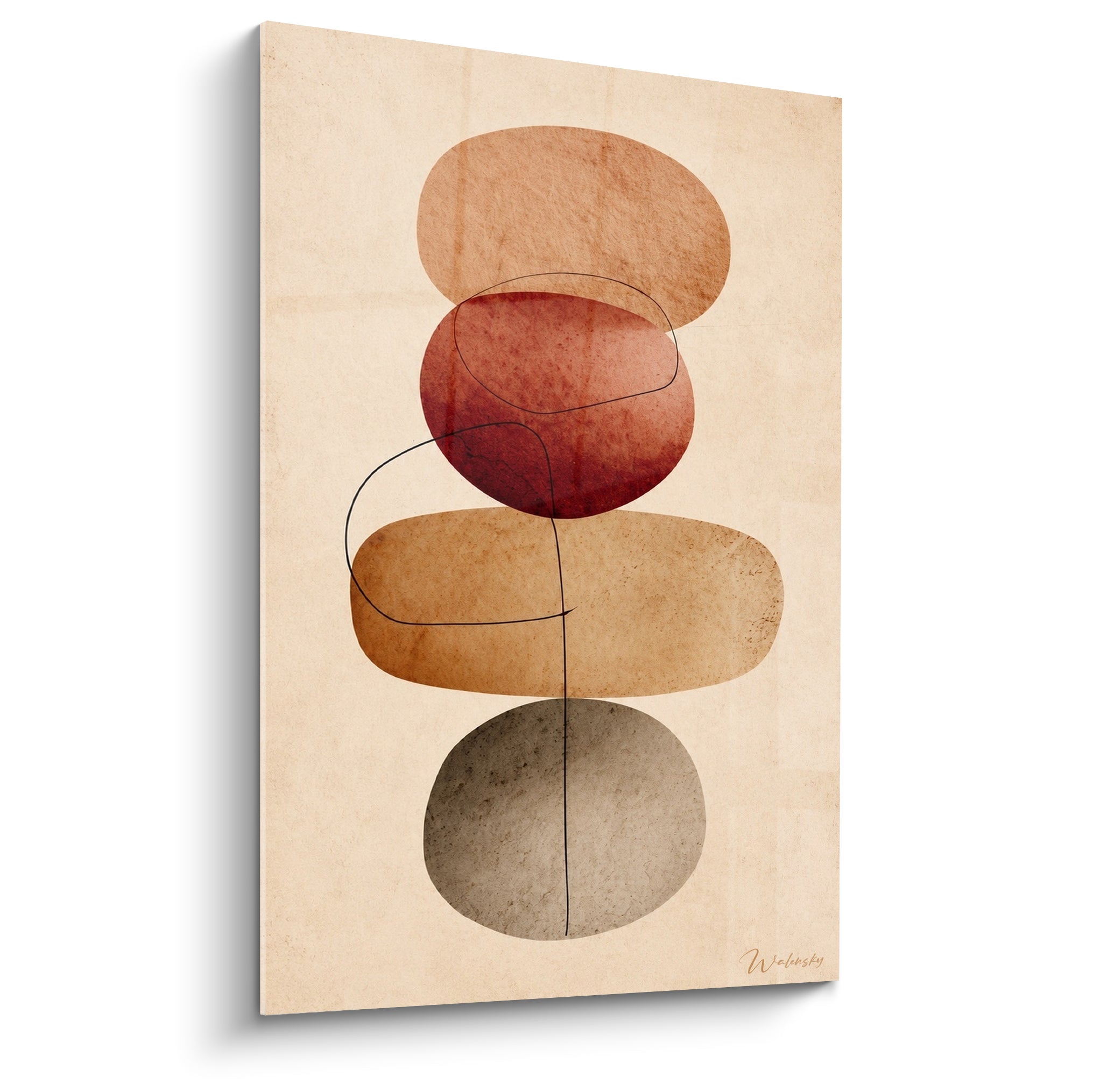 Galets empilés terracotta, bordeaux et ocre en équilibre, traversés d'une ligne noire fine