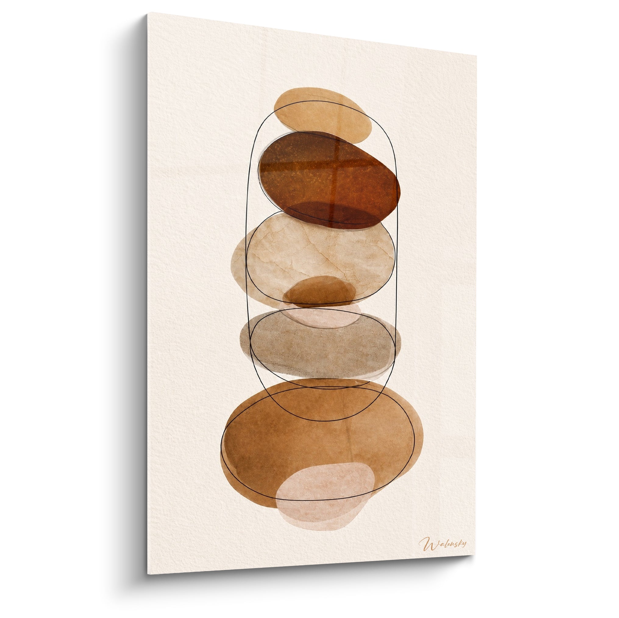 Galets empilés terracotta, brun et beige sable, formes rondes cerclées d'un trait noir fin