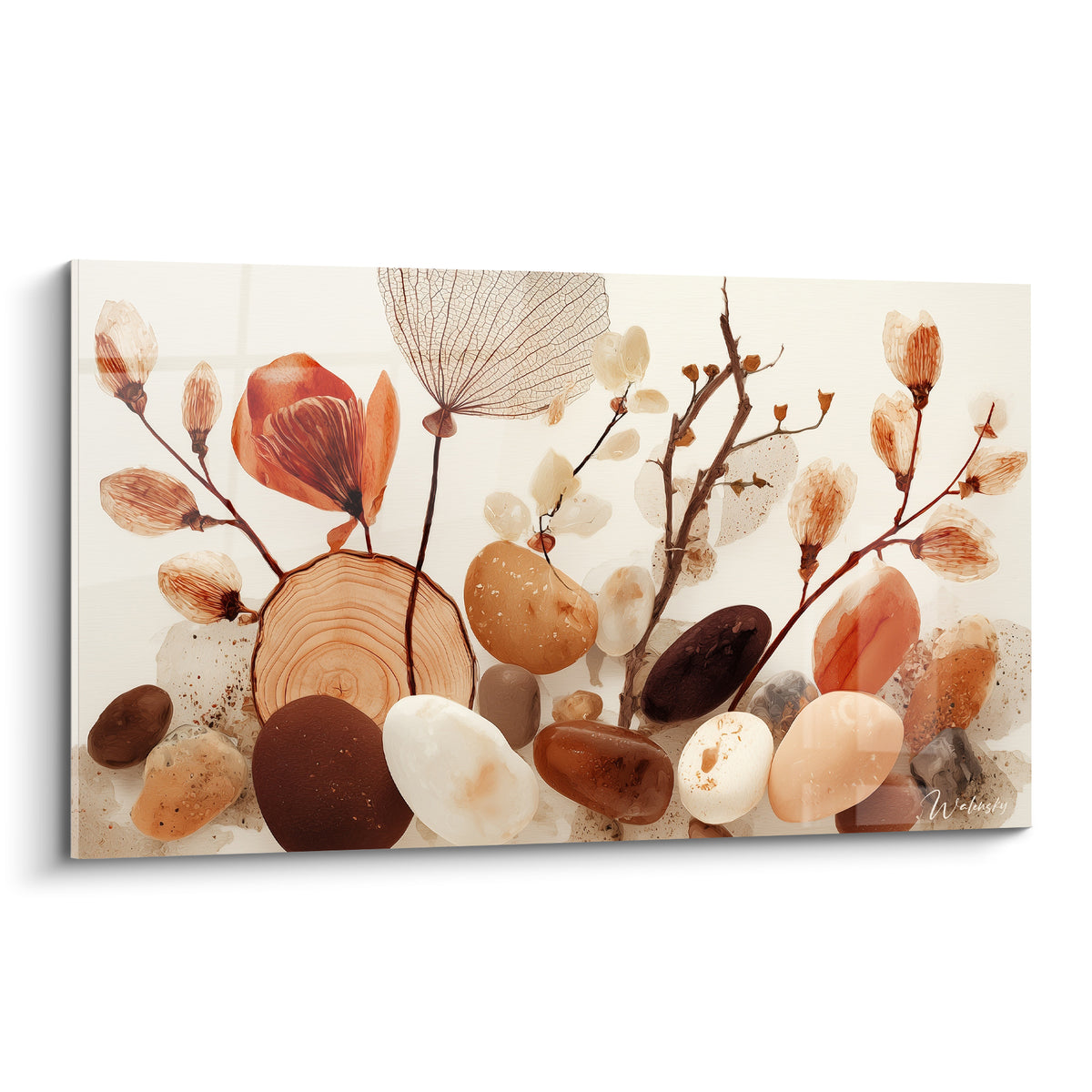 Galets bruns, ocre et blancs entourés de fleurs séchées orangées sur fond crème, style aquarelle