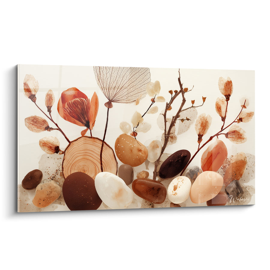 Tableau Galets bruns et fleurs séchées ocre - Cueillette d'automne - Edition Terracotta