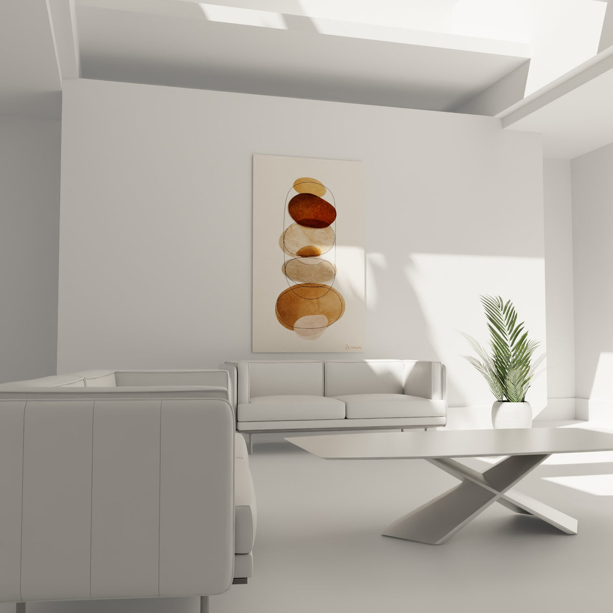 Empilement de galets terracotta et crème, tracé graphique noir, suspendu au-dessus d'un canapé dans un salon lumineux