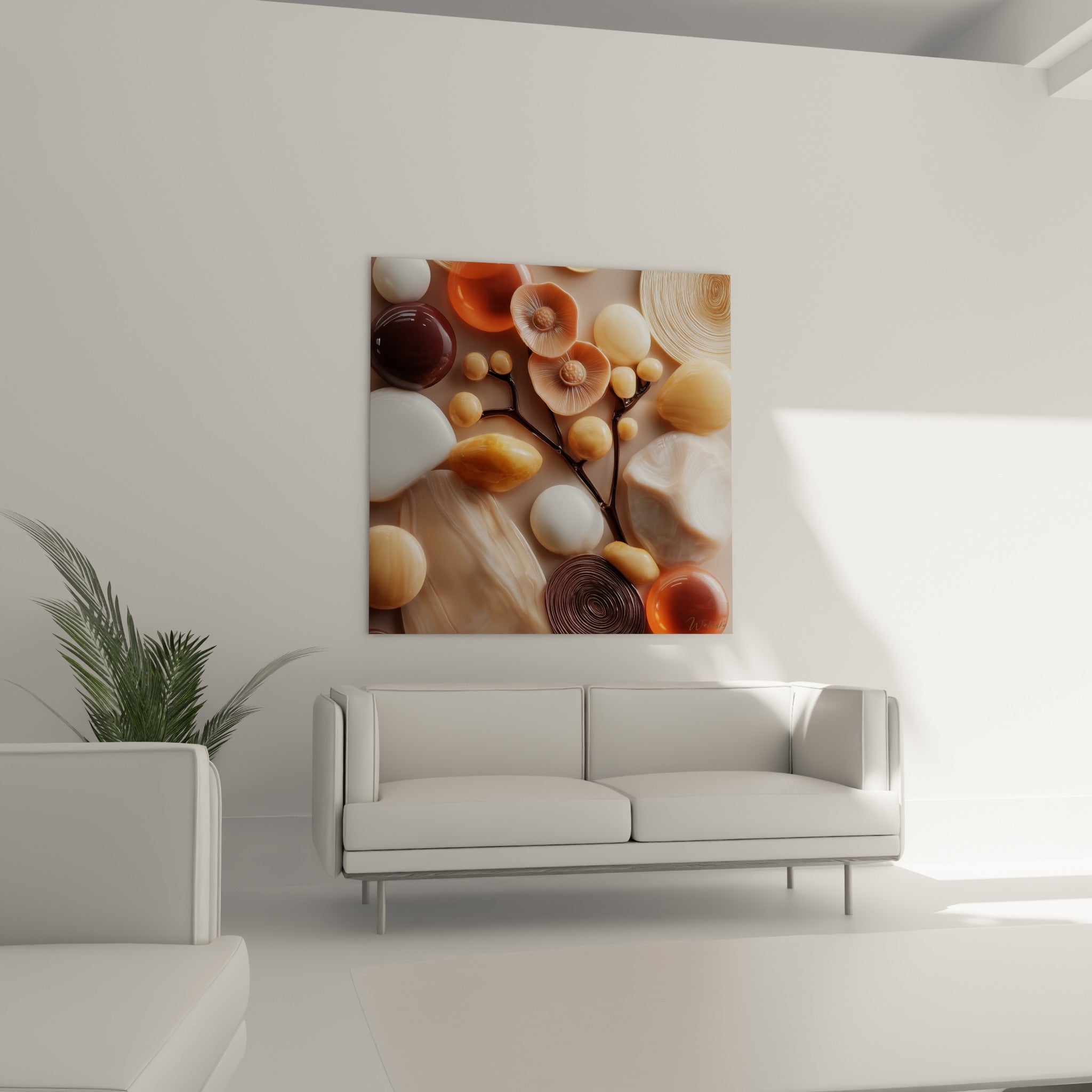 Sphères sculpturales terracotta brun chocolat et miel disposées au-dessus d'un canapé dans un salon lumineux
