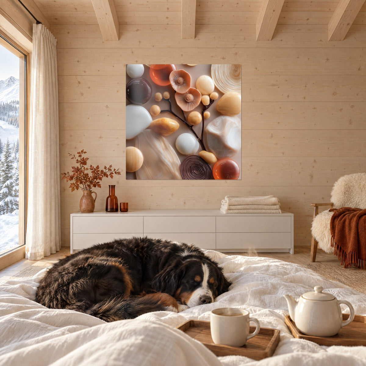 Tableau agates laiteuses et branche brun chocolat, orange translucide, au-dessus d'un lit dans une chambre claire