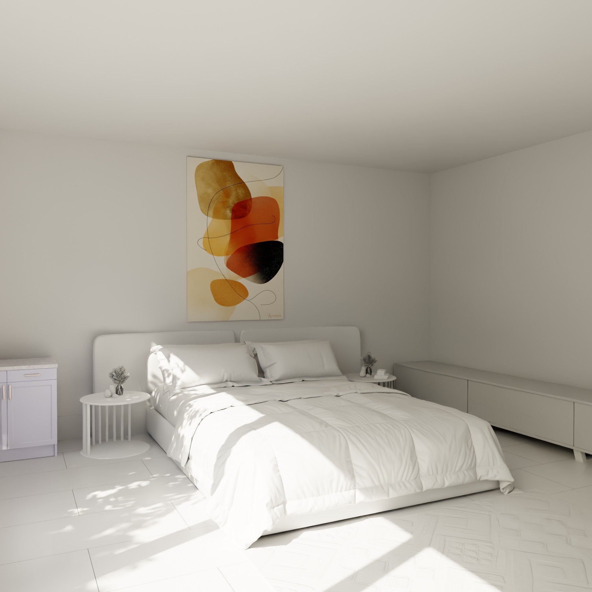 Galets colorés ocre et brique suggérant un profil, accroché au-dessus d'un lit dans une chambre claire