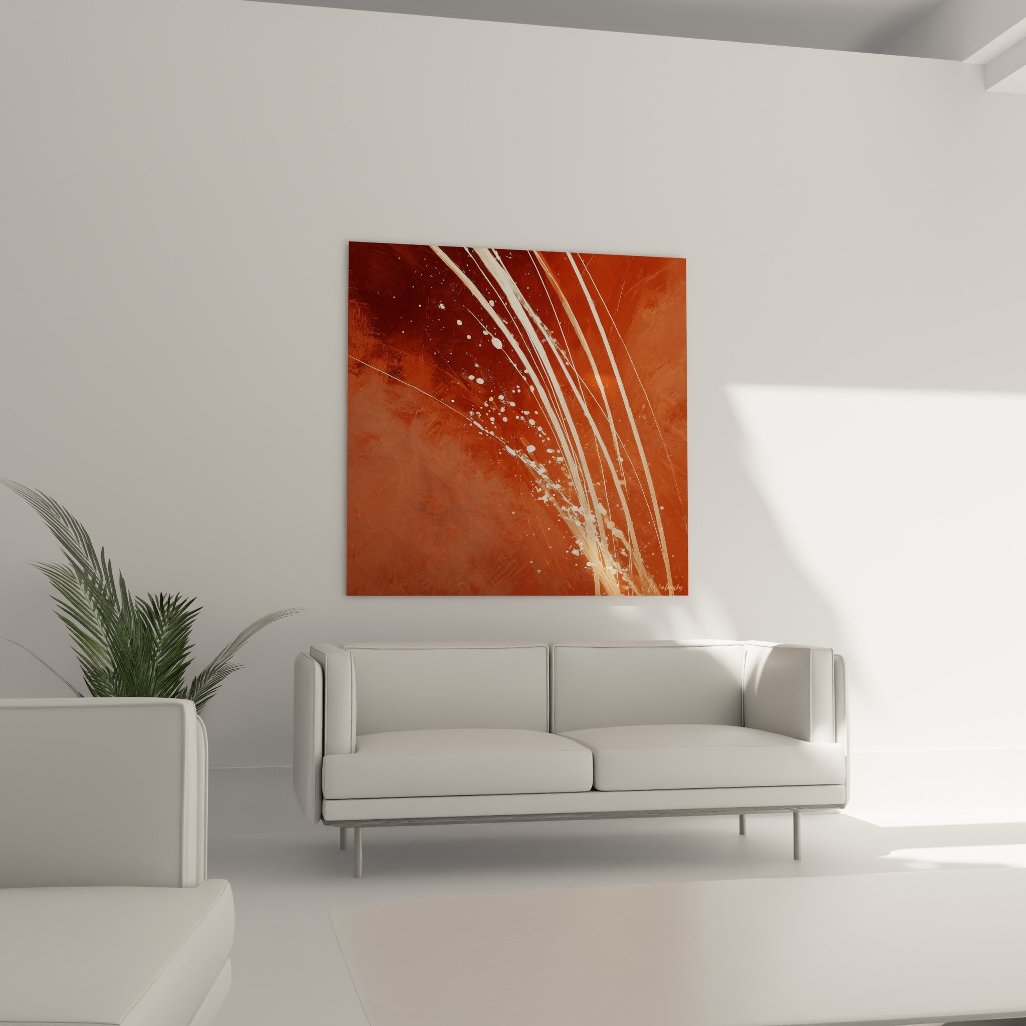 Traits crème diagonaux sur matière terracotta dense, suspendus au-dessus d'un canapé dans un salon lumineux