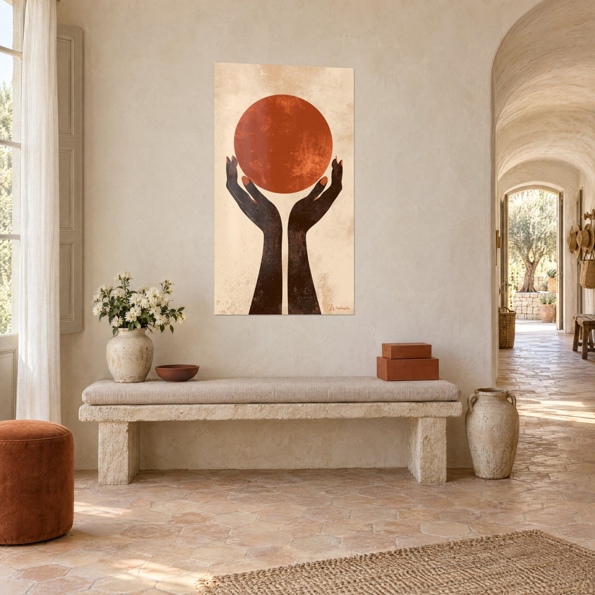 Wall art dark open palms holding a burnt orange sun, orange nails, light stone bench and jar, three-quarter view of a Provençal farmhouse
