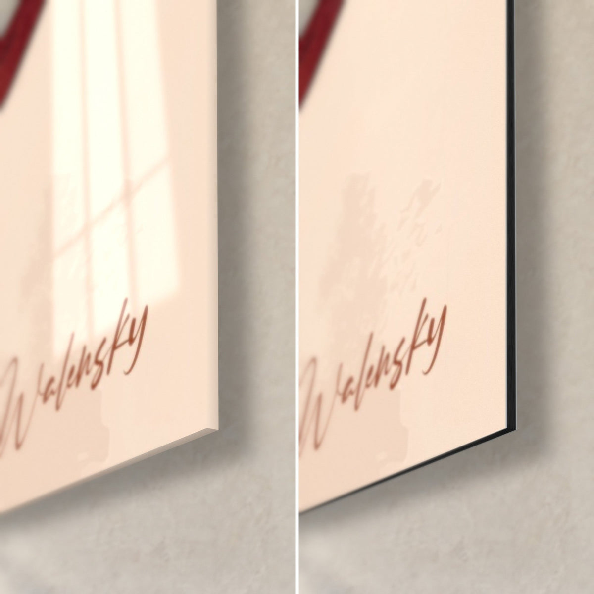 Tableau dialogue de regards, coin bas droit : signature Walensky brun-rosé, verre acrylique brillant et alu Dibond mat noir