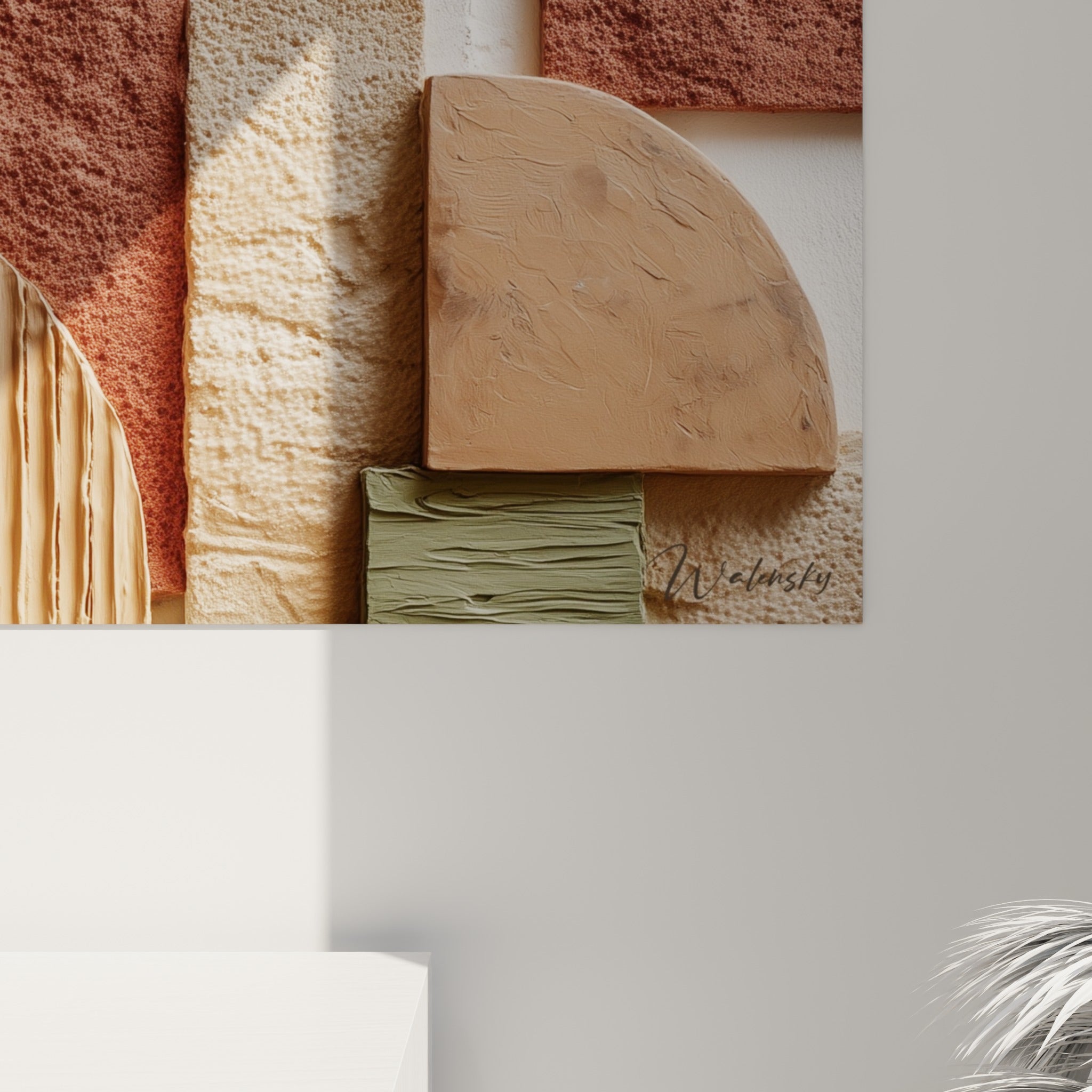 Détail du tableau Terracotta révélant les stries du bois beige et le grain rugueux de la terre cuite