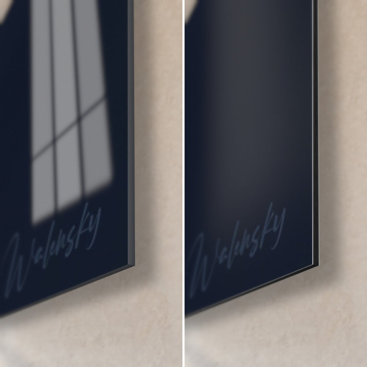 Quadro torsione lucida in terracotta e blu notte, angolo in basso a destra: vetro acrilico con riflessi, alluminio Dibond opaco, spessore 3 mm