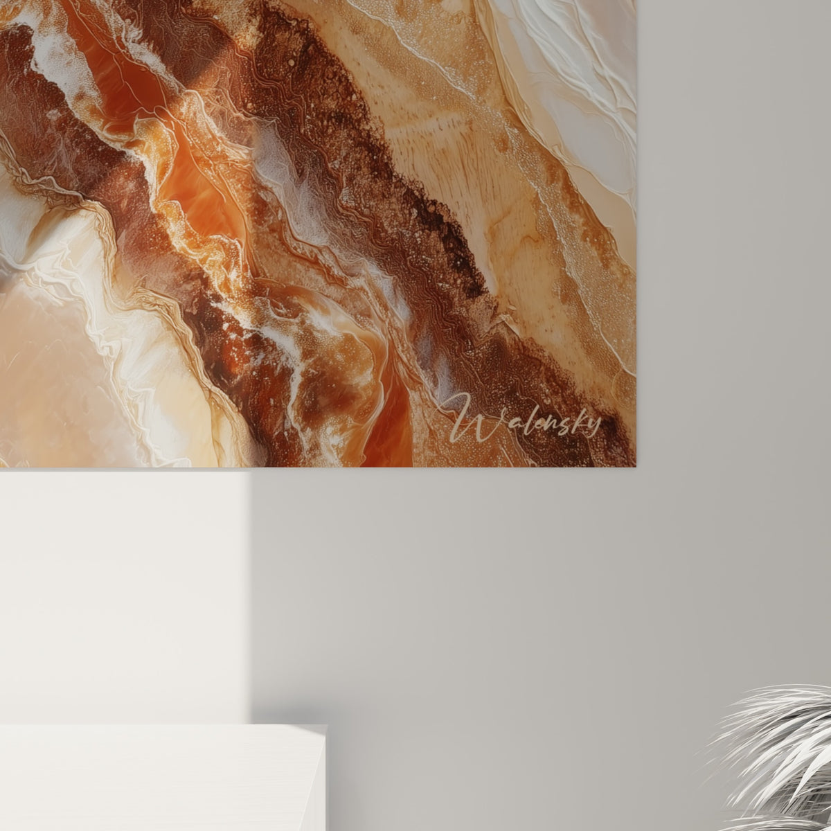 Grain minéral rapproché révélant coulures ocre, cuivre et blanc entremêlées sur la surface du tableau Terracotta
