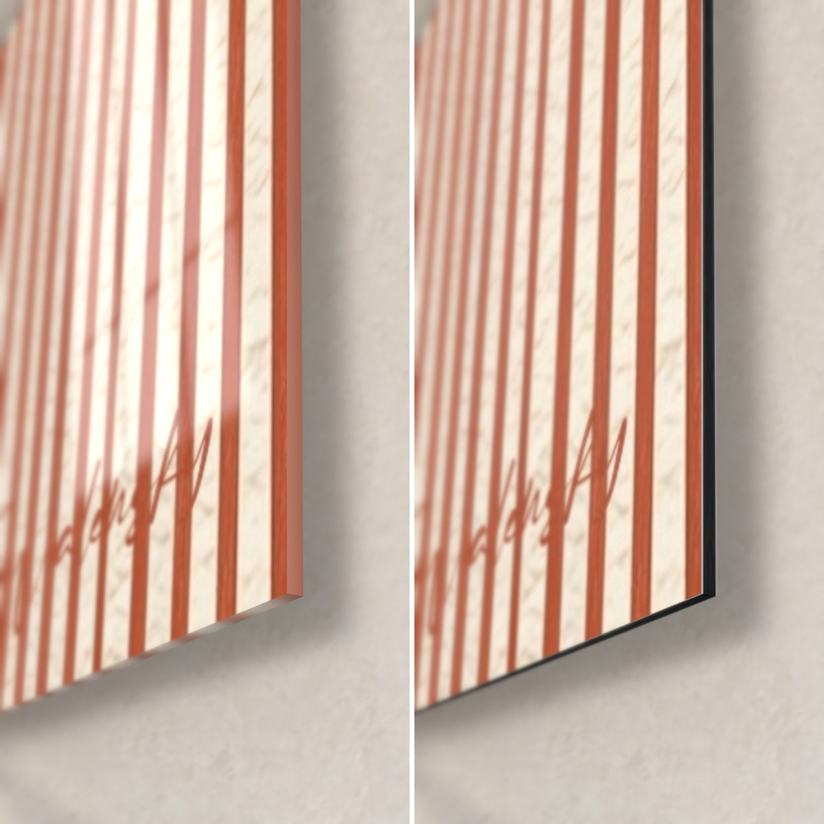 Tableau arches courbes brique et crème, coin bas droit : verre brillant à gauche, Dibond mat à droite, tranche de 3 mm
