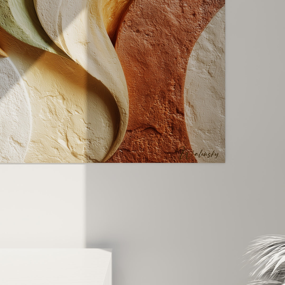 Empâtements crème et brique dévoilant le grain texturé et les ombres portées de la matière sculptée