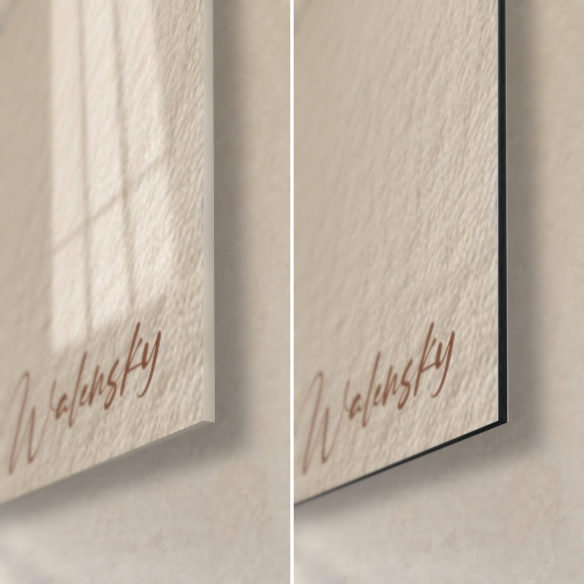 Tableau arcs en rouille et brun, coin bas droit : verre acrylique brillant à gauche, Dibond mat à droite, tranche noire de 3 mm