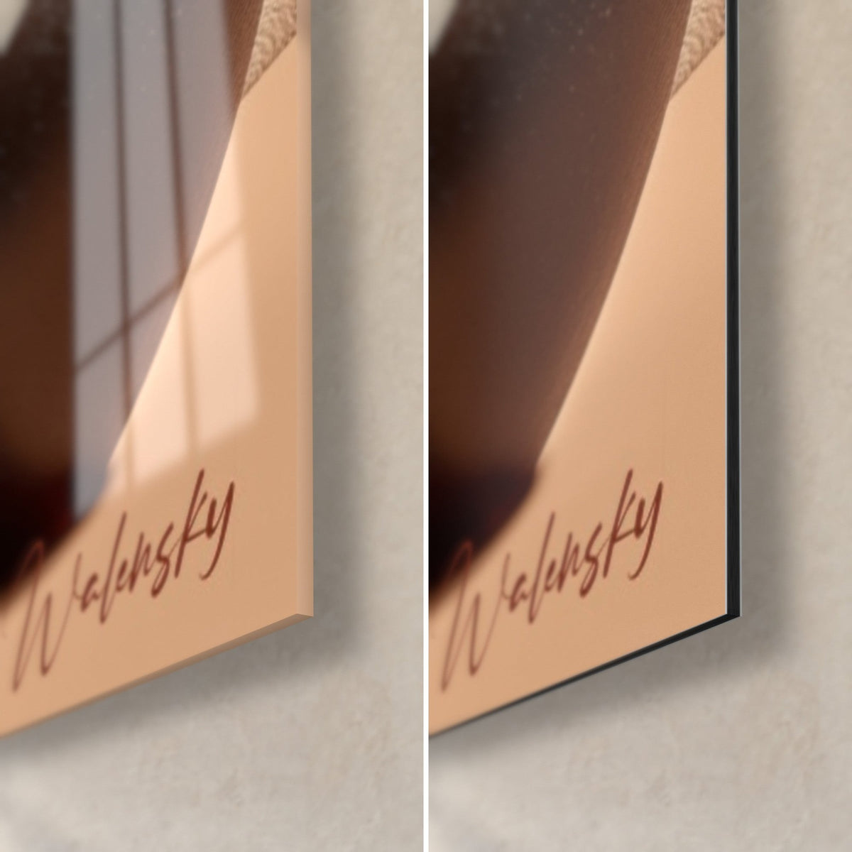 Quadro di giare ocra e cuscino ruggine, angolo in basso a destra in vetro lucido e riflessi e Dibond in alluminio opaco beige, spessore 3 mm